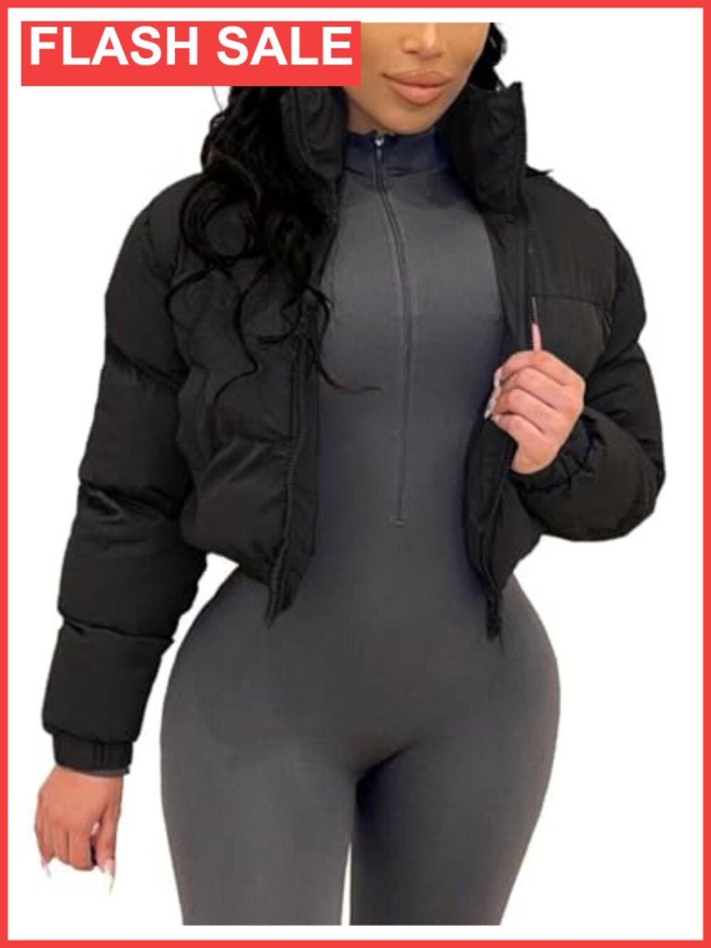 Cropped Puffer Jacket Quilted Zip Up Long Sleeve Winter Coat